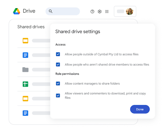 Viewing shared Drive settings of access and role permissions
