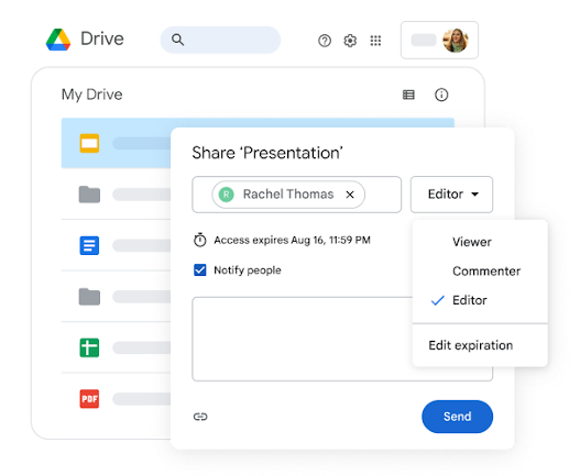 Sharing a file from Drive and changing access to editor with an expiration date
